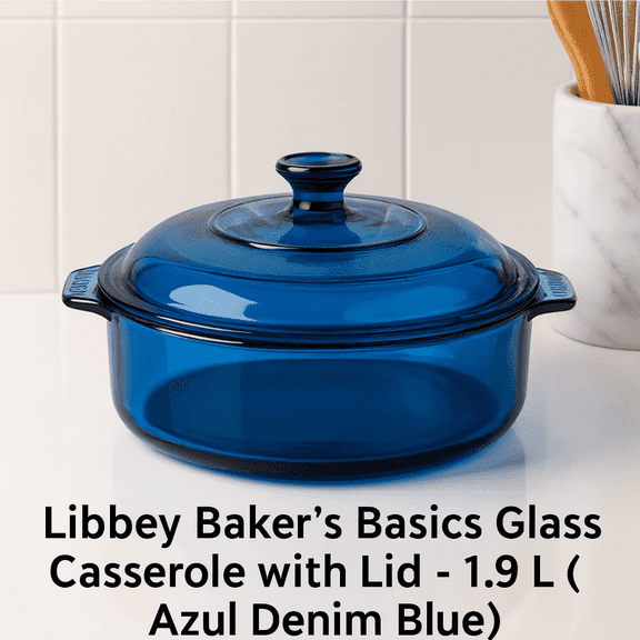 Libbey Baker's Basics 2-Quart Azul Denim Blue Glass Casserole, Oven-Safe, Microwave-Safe, with Lid