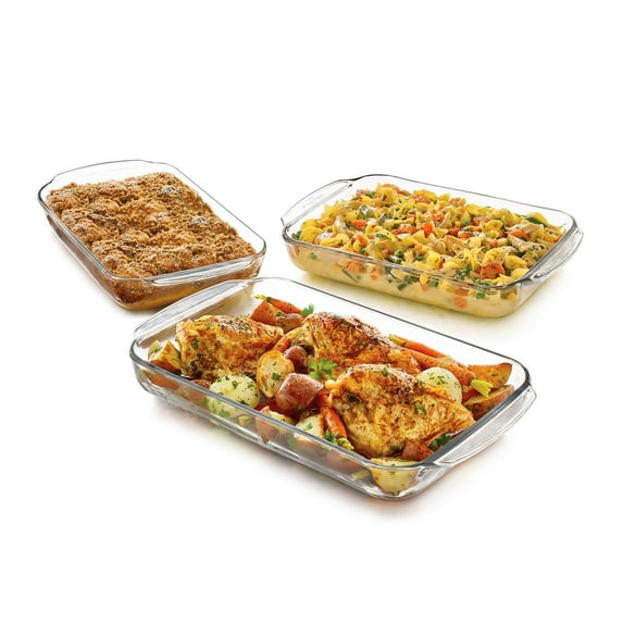 Libbey Baker’s Basics 3 Piece Glass Baking Dish Set, Stackable, Clear Versatile Casserole Dish Set, Baking Glassware Set for Food Prep and Baking