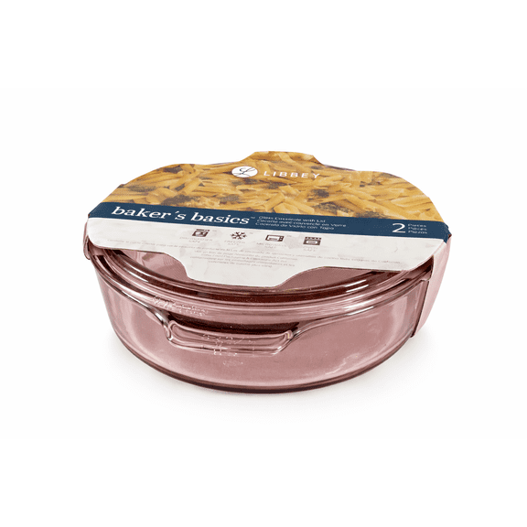Libbey Bakers Basics Glass Casserole Dish with Lid, 2-Piece Set, 2 Quart, 8 x 2.7 in, Light Pink