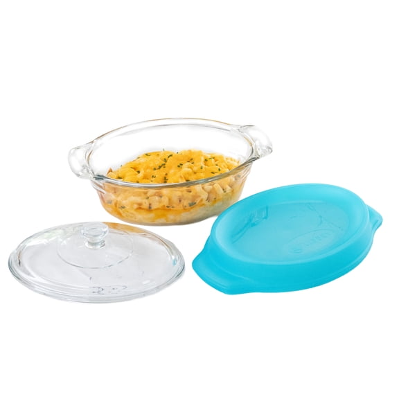 Libbey Baker’s Premium 2-Quart Oval Glass Casserole Dish with Glass Lid and Plastic Storage Lid, Stackable Bakeware with GreatGrip Handles