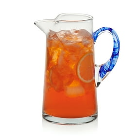 Libbey Cabos Glass Water Pitcher, 90 Oz Handcrafted Drink Pitchers with Spout and Blue Handle, Artisan-Inspired Glass Water Jar for Tables, Kitchen
