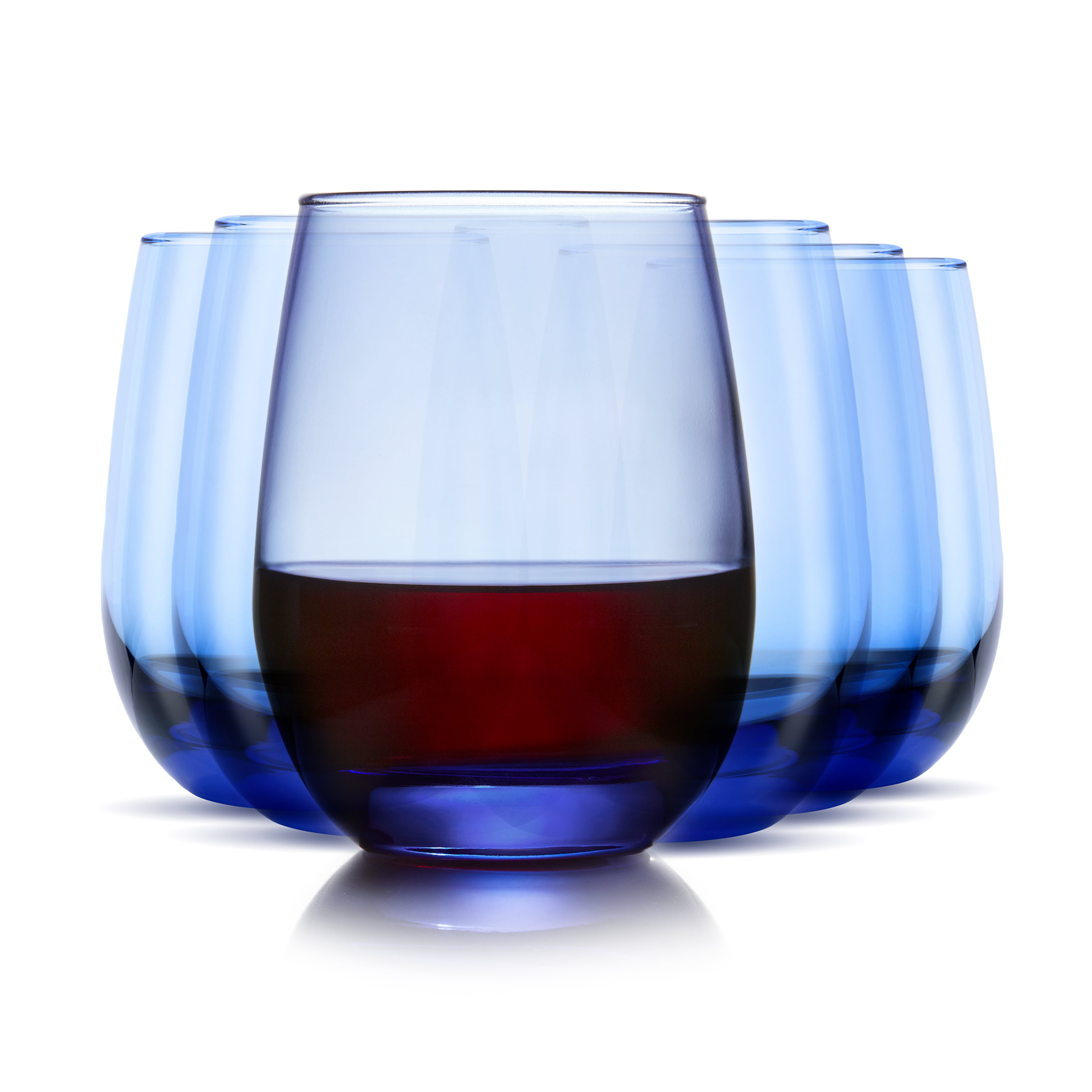Classic Blue Stemless Wine Glass Set, Genuine Colored Glass, 6-Piece