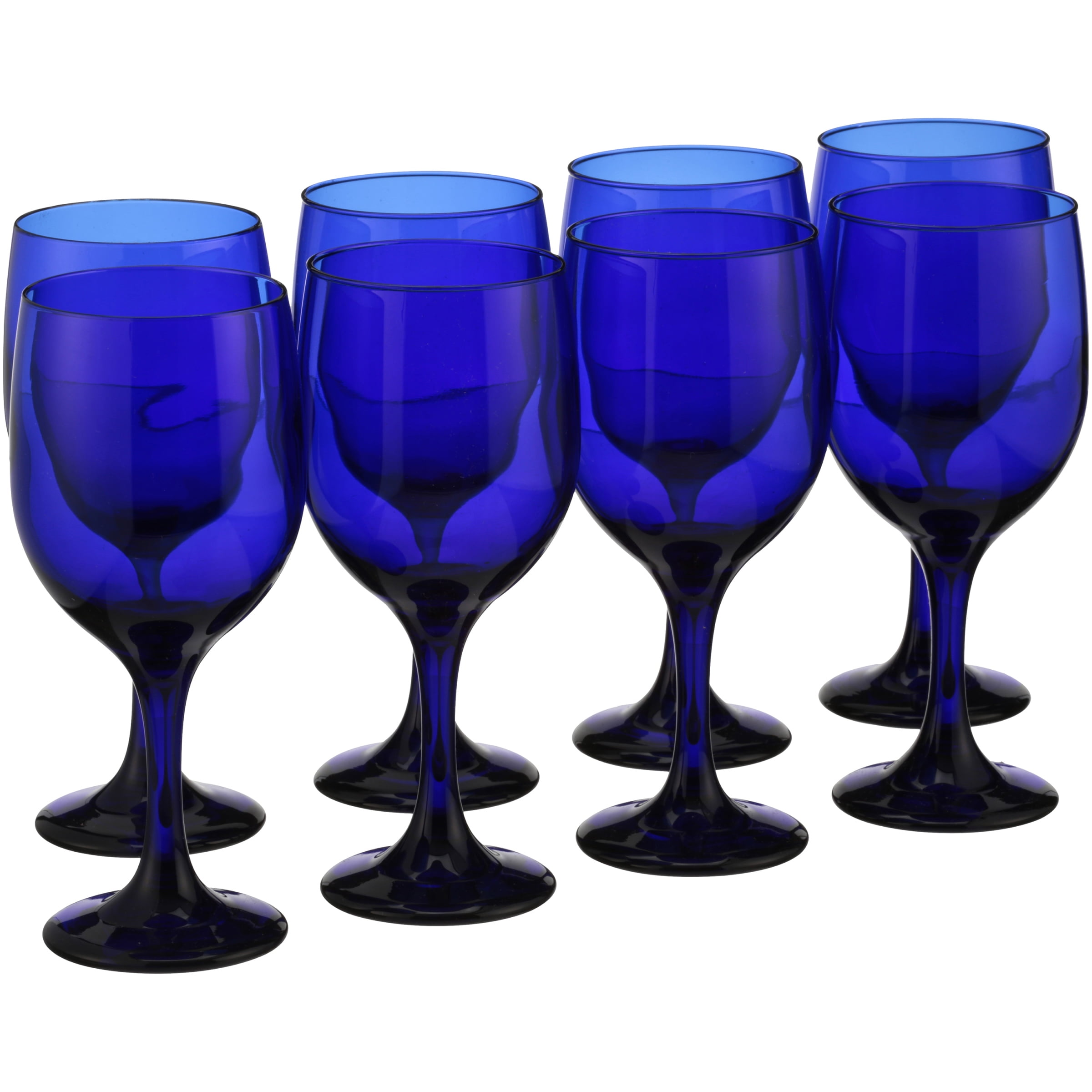 Set of 4 Large Wine or Water Glasses Clear w/ Cobalt Blue Stem & Base  ~6-7/8 T
