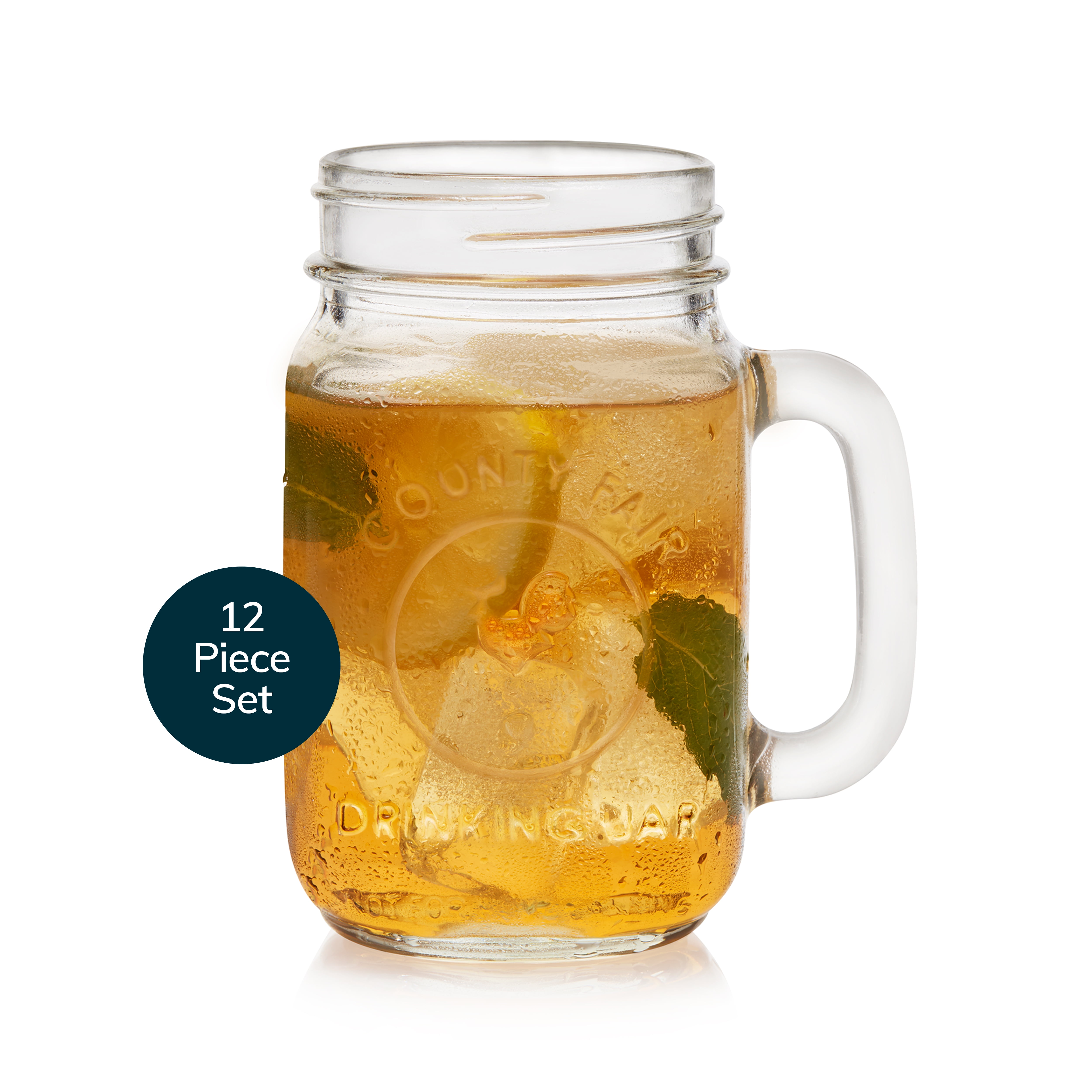 Libbey County Fair Clear Glass Drinking Jars with Handles, Set of 12