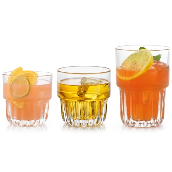 Libbey Everest Stackable Glassware Set, 12-Piece Mixed Drinkware with 9 oz Small Rocks, 12 oz Large Rocks, and 14 oz Tall Juice Glasses, Durable Lead-Free Restaurant-Quality Glass