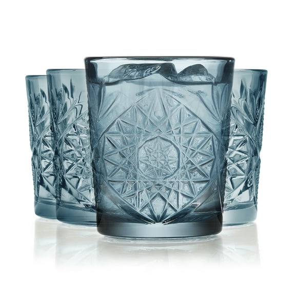 Libbey Hobstar Double Old Fashioned Glasses, Blue Colored Cut Glass Drinking Glasses Set of 4, Durable, Vintage Whiskey Glasses for Cocktail, Drinks