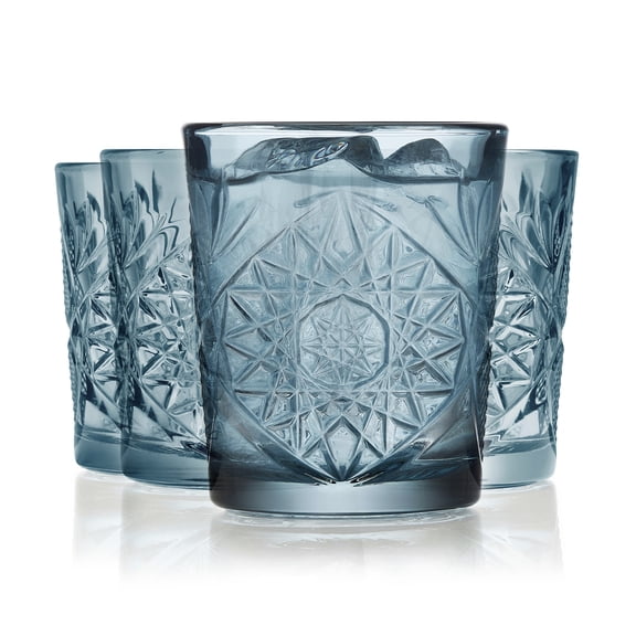 Libbey Hobstar Double Old Fashioned Glasses, Blue Colored Cut Glass Drinking Glasses Set of 4, Durable, Vintage Whiskey Glasses for Cocktail, Drinks