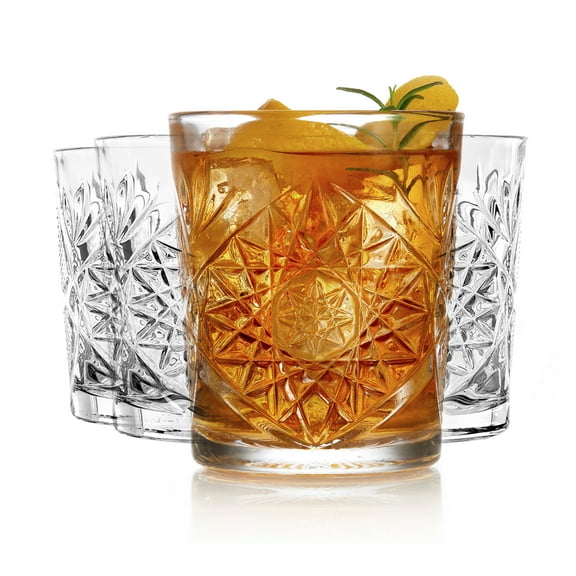 Libbey Hobstar Double Old Fashioned Glasses, Clear Cut Glass Drinking Glasses Set of 4, Durable, Vintage Whiskey Glasses for Cocktail, Drinks and More