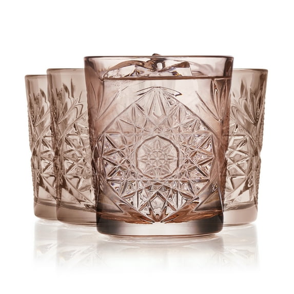 Libbey Hobstar Double Old Fashioned Glasses,Rose Colored Cut Glass Drinking Glasses Set of 4, Durable, Vintage Whiskey Glasses for Cocktail, Drinks