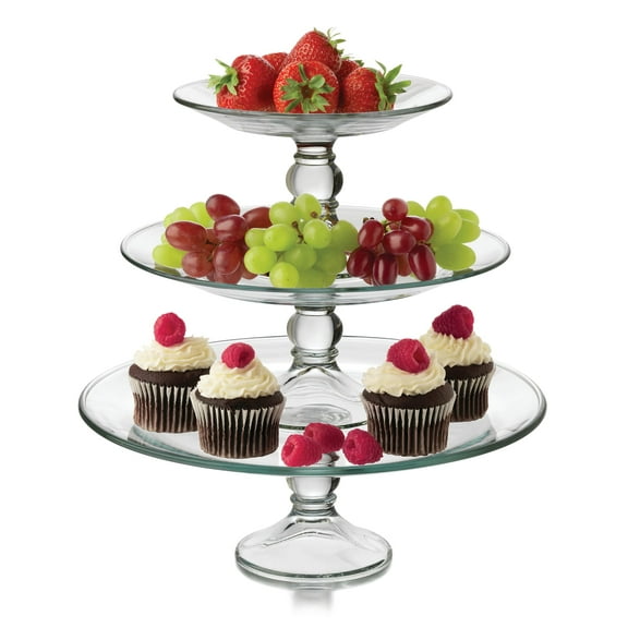 Libbey Selene 3 Tier Serving Stand Set, Elegant, Curvy Style Glass Dessert Stand, Dishwasher Safe 3 Tiered Dessert Stand for Fruit and Candy bowls