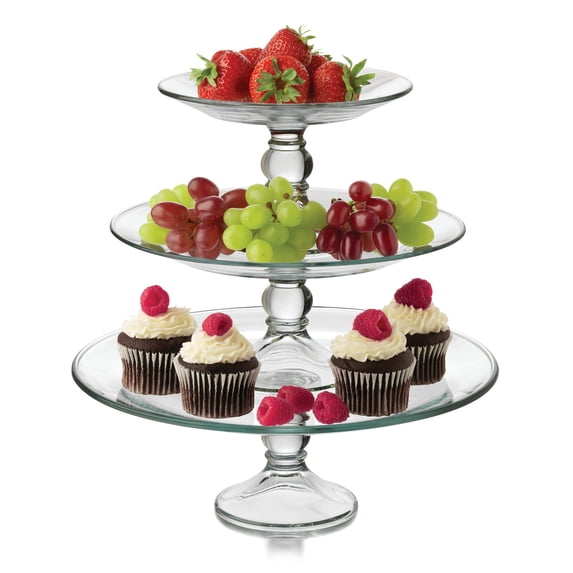 Libbey Selene 3 Tier Serving Stand Set, Elegant, Curvy Style Glass Dessert Stand, Dishwasher Safe 3 Tiered Dessert Stand for Fruit and Candy bowls