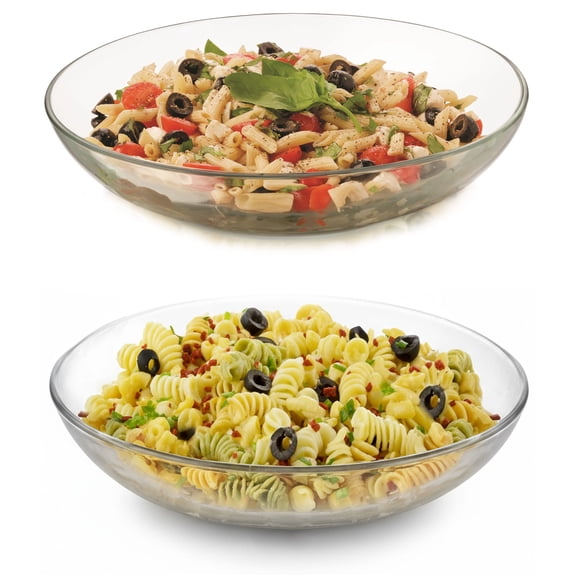 Libbey Selene Coupe Serving Bowls, Set of 2, 12-Inch Wide, 2.5-Inch Tall Clear Glass, Stackable, Lead-Free, Dishwasher-Safe Large Serveware for Salads, Pastas, Snacks, Classic Entertaining