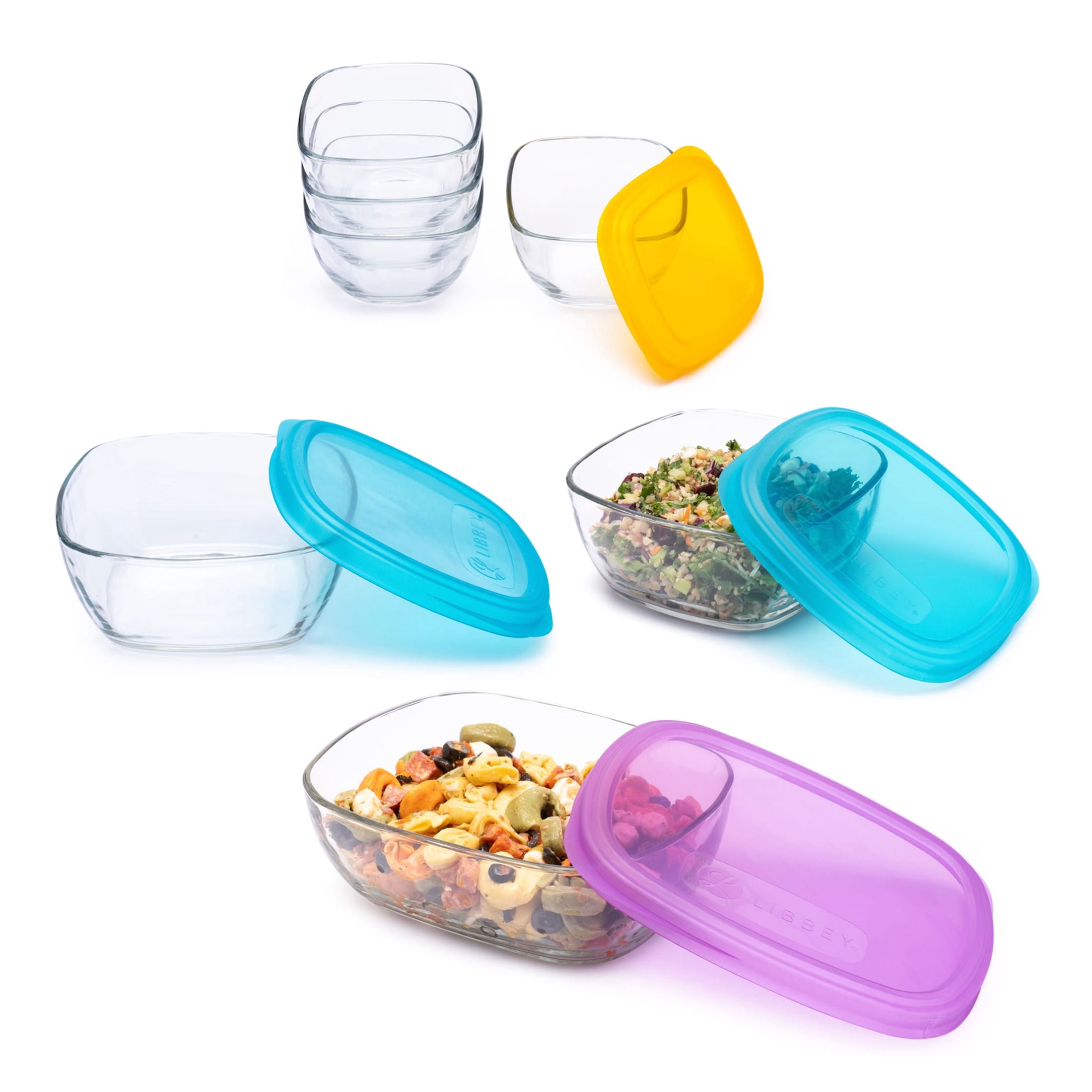 Libbey Serve It 14-Piece Glass Storage Container Set with 2-Cup, 6-Cup, and 8-Cup Bowls and Multi-Color Lids