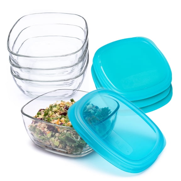 Libbey Serve It 8 Piece Glass Storage Bowl Set with 6 Cup Containers and Blue Plastic Lids