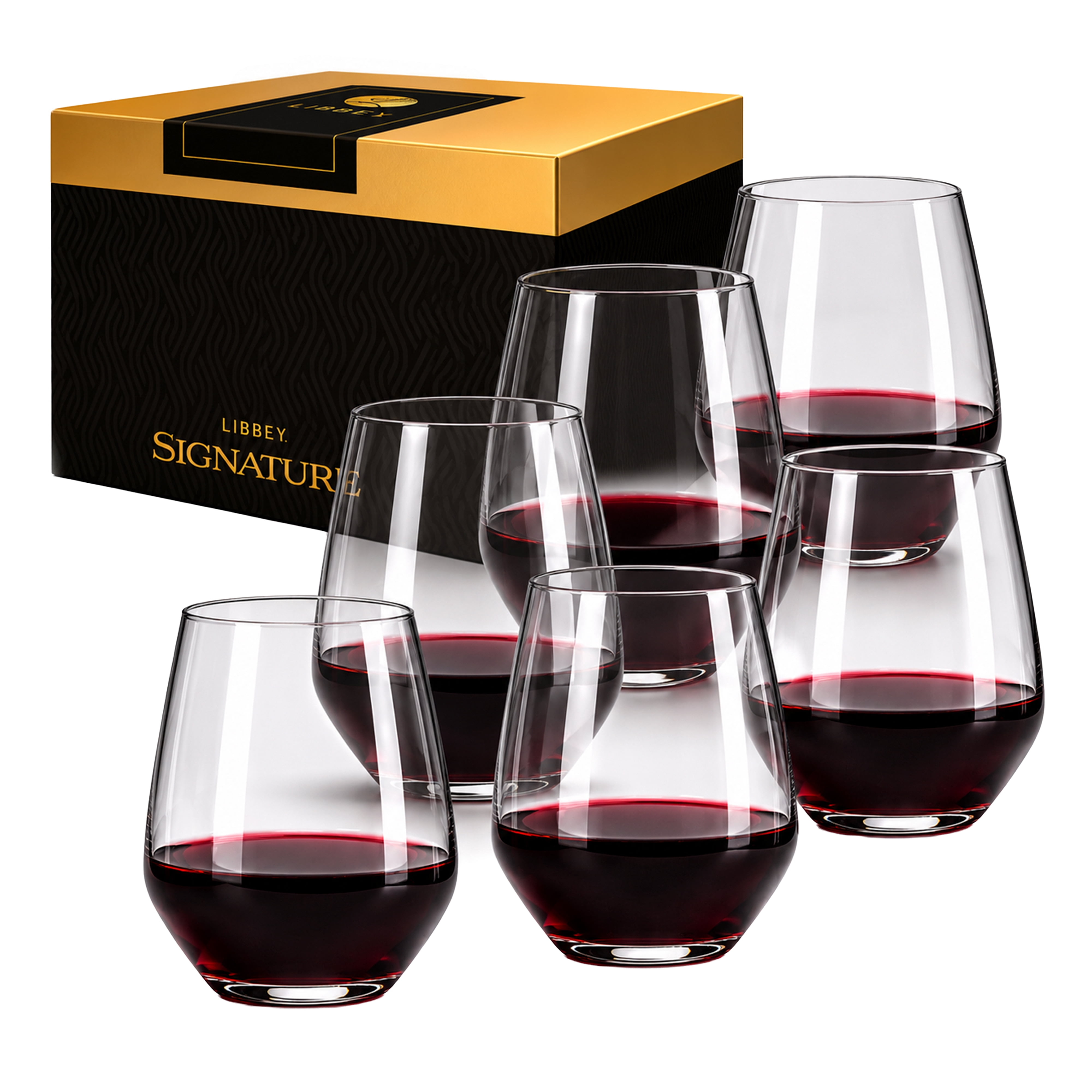 Libbey Signature Greenwich Stemless Wine Glasses Set of 6, Modern Wine Glasses for Red and White Wine, Ideal Stemless Wine Glass Set for All Occasions
