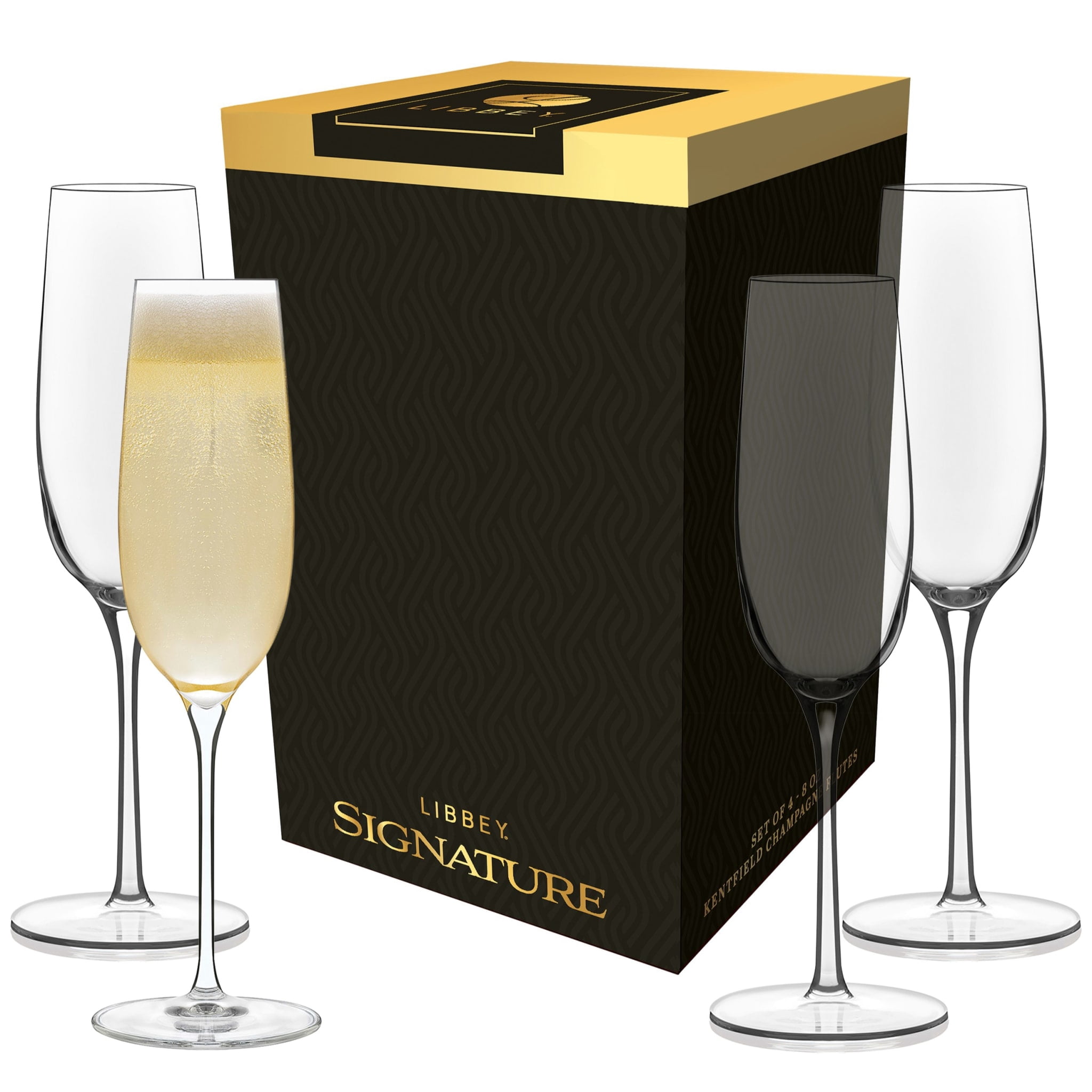 Libbey Signature Kentfield Champagne Flute Glasses, 8-Ounce, Set of 4, Made in USA, Dishwasher Safe, Elegant Stemmed Glassware, Gift Box