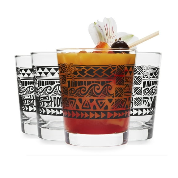 Libbey Tiki Rocks Glasses Set, Vintage-style Glassware Drinking Glasses Set of 4, Exotic, Dishwasher Safe Glasses for Backyard Luau or Pool Party