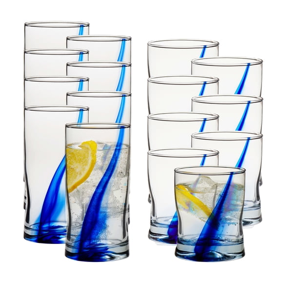 Blue Ribbon Tumbler & Rocks Drinking Glasses Set of 16, Dimpled Cups
