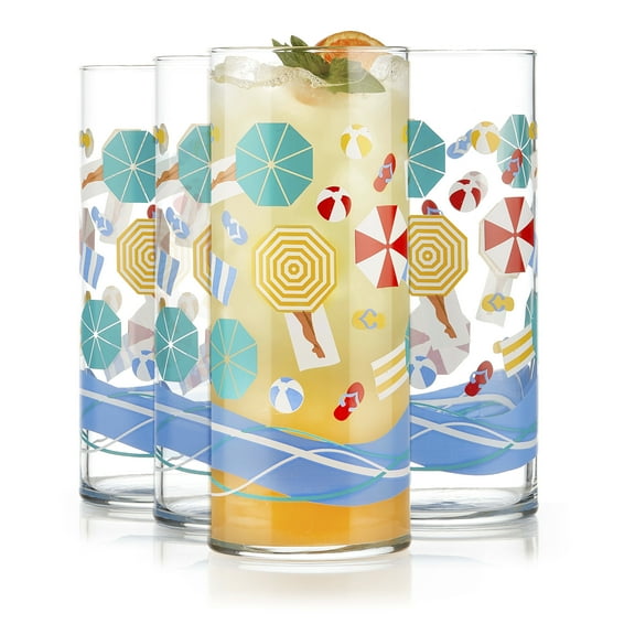 Libbey Vintage Beach Drinking Glasses Set of 4, Colorful, Retro Beach Design Glass Cups Set, Dishwasher Safe Water Glasses Set for Juices, Cocktails