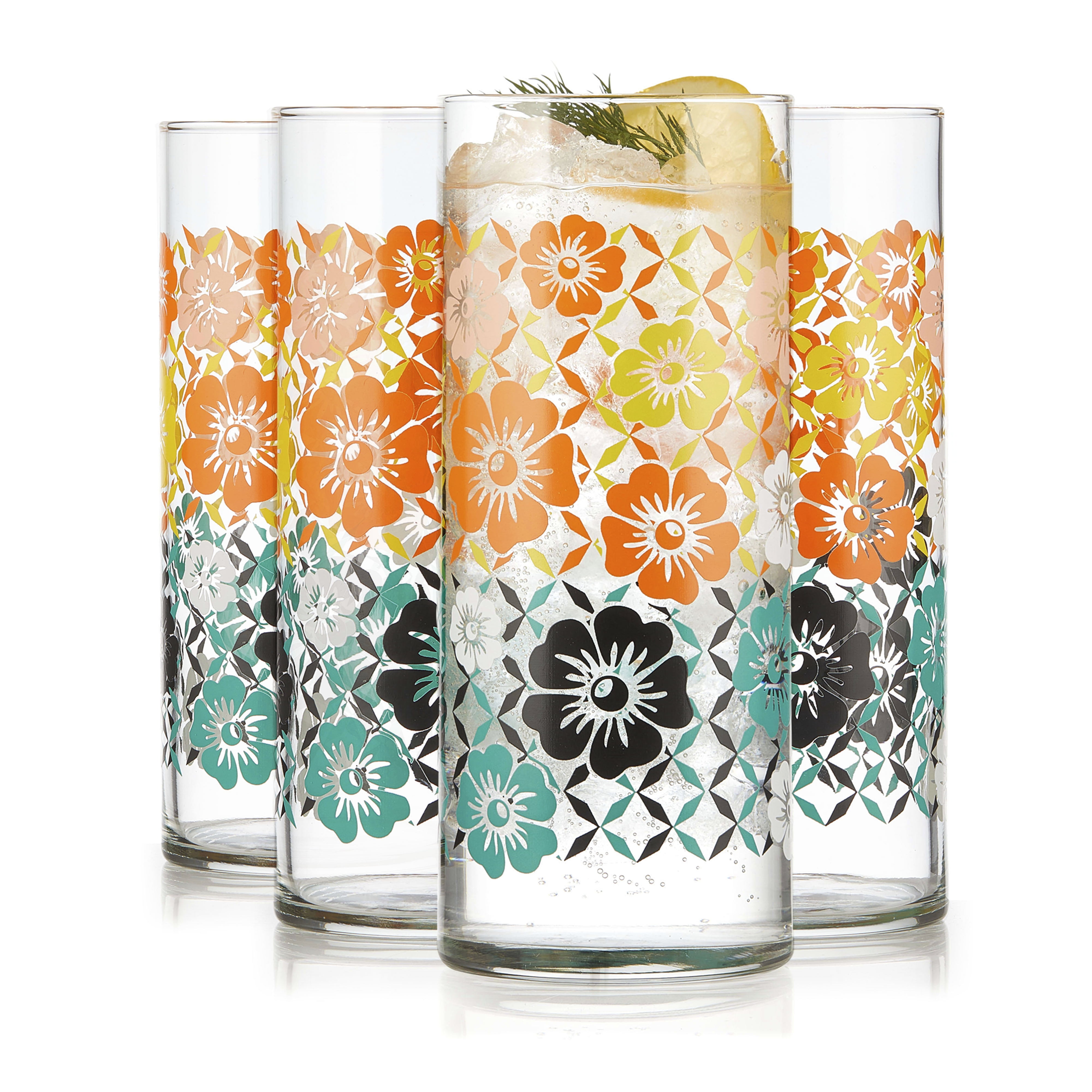 Libbey Retro Floral Design Colorful Glass Set, 16 oz, Set of 4