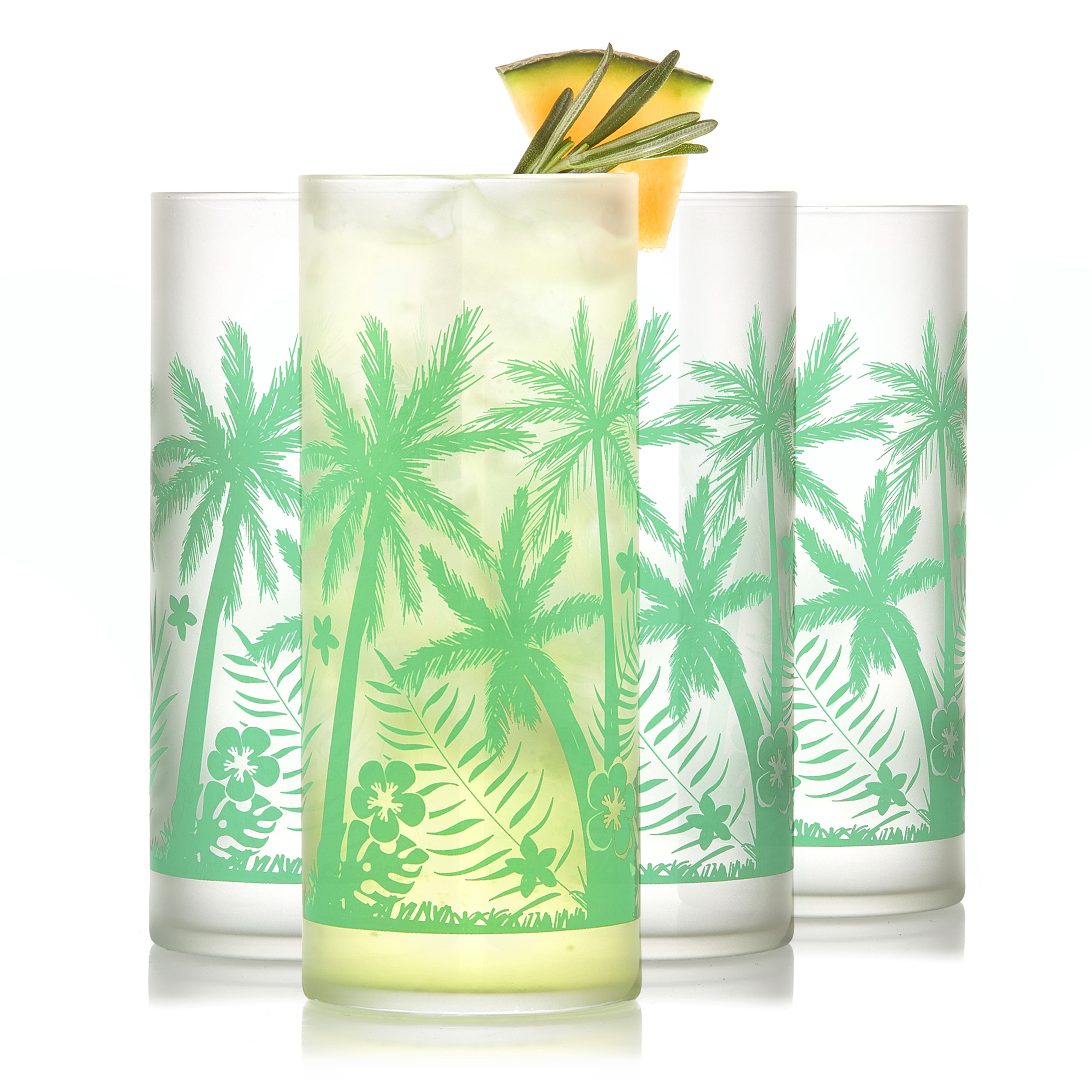 Vintage Green Palm Tree Print Frosted Glass Cooler Set