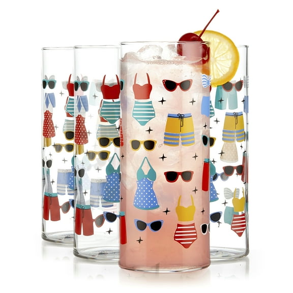 Libbey Vintage Swim Drinking Glasses Set of 4, Colorful, Retro Swimsuits Design Glass Cups Set, Dishwasher Safe Water Glasses Set for Cocktails