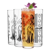 Libbey Tiki Kahiko Zombie Glasses with Black Hawaiian Hula Girl & Tiki Mask Design, 13.5 oz, Set of 4
