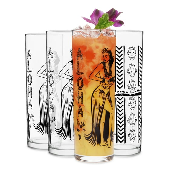 Libbey Zombie Clear Glass Tumbler Set, Vintage-Style Tiki Drinking Glasses Set of 4, Exotic, Tall Drinking Glass Cups for Backyard Luau or Pool Party