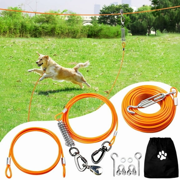 Libbipaw Tie-Out Cable for Large Dogs, 100 Ft Adjustable Dog Trolley System for Large Dogs Up to 250 lb, Orange