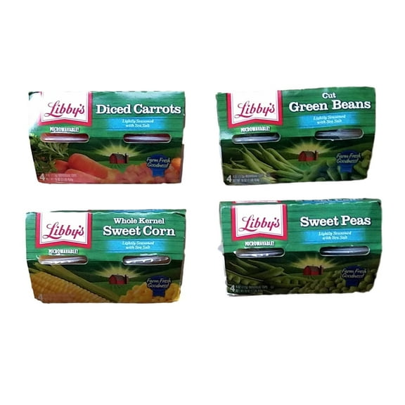 Libby's Diced Carrots, Cut Green Beans, Whole Kernel Sweet Corn, Sweet Peas - Variety Pack of 4 Microwavable Individual Cups (16 Servings Total) - Bundle