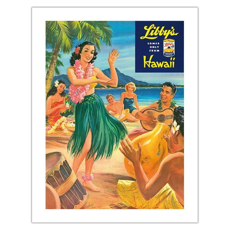 80s HULA DANCER 特大アート フレーム 油彩画 ヴィンテージ Libby's Hawaii - Hawaiian Hula Dancer at Luau Beach Party