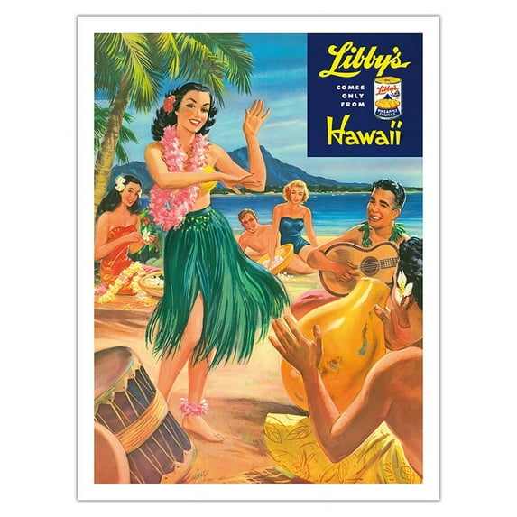 Libby’s Hawaii - Hawaiian Hula Dancer at Luau Beach Party - Vintage Canned Pineapple Juice Advertisement by Lafferty c.1957 - Fine Art Matte Paper Print (Unframed) 24x32in