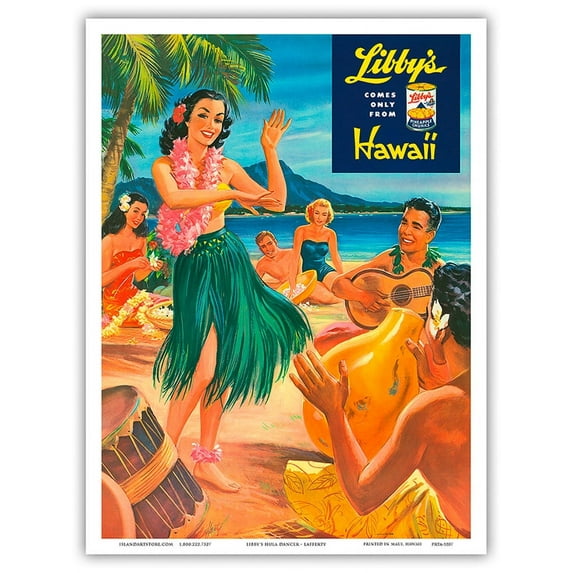 Libby’s Hawaii - Hawaiian Hula Dancer at Luau Beach Party - Vintage Canned Pineapple Juice Advertisement by Lafferty c.1957 - Master Art Print (Unframed) 9in x 12in