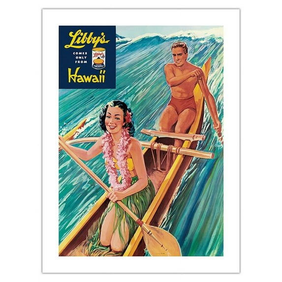 Libby’s Hawaii - Surf Riding Hawaiian Outrigger Canoe (Wa’a) - Vintage Canned Pineapple Juice Advertisement by Lafferty c.1957 - Bamboo Fine Art 290gsm Paper Print (Unframed) 18x24in