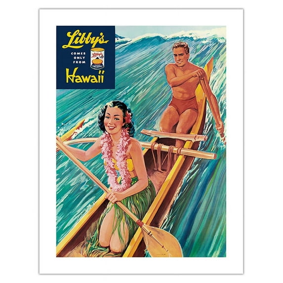 Libby’s Hawaii - Surf Riding Hawaiian Outrigger Canoe (Wa’a) - Vintage Canned Pineapple Juice Advertisement by Lafferty c.1957 - Bamboo Fine Art 290gsm Paper (Unframed) 17x22in