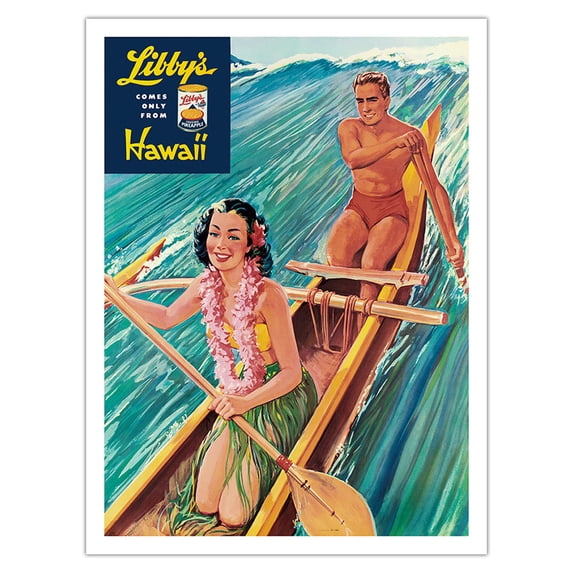 Libby’s Hawaii - Surf Riding Hawaiian Outrigger Canoe (Wa’a) - Vintage Canned Pineapple Juice Advertisement by Lafferty c.1957 - Fine Art Matte Paper Print (Unframed) 24x32in