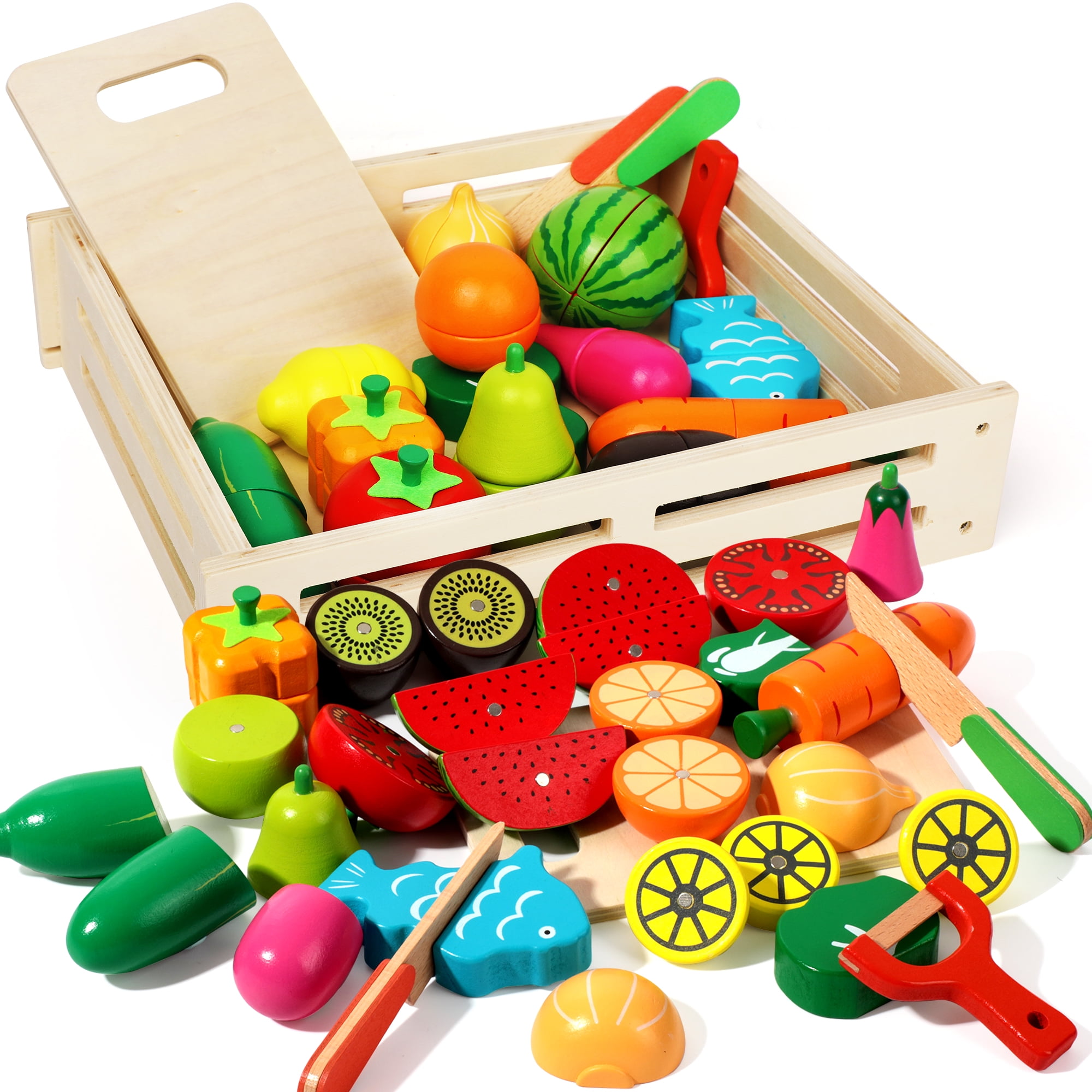 Liberry Wooden Play Food for Kids Kitchen, Cutting Fruits and