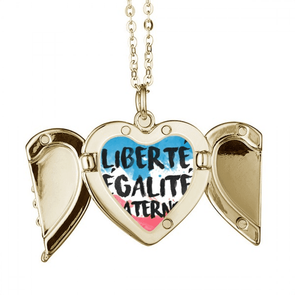 Liberte Egalite Fraternite France Mark Flag Folded Wings Peach Heart Pendant Necklace