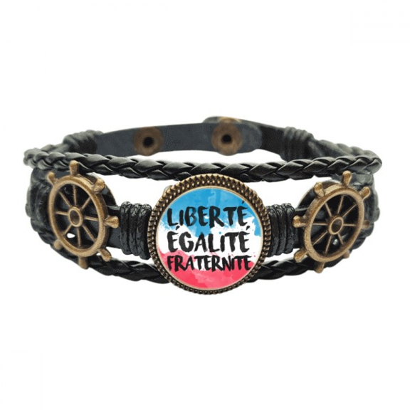 Liberte Egalite Fraternite France Mark Flag Leather Braided Ocean Bracelet Wristband