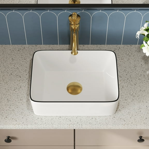 Liberty 16 in. Rectangular Ceramic Bathroom Vessel Sink Art Basin in White and Black Rim Faucet Not Included DV-1V0317