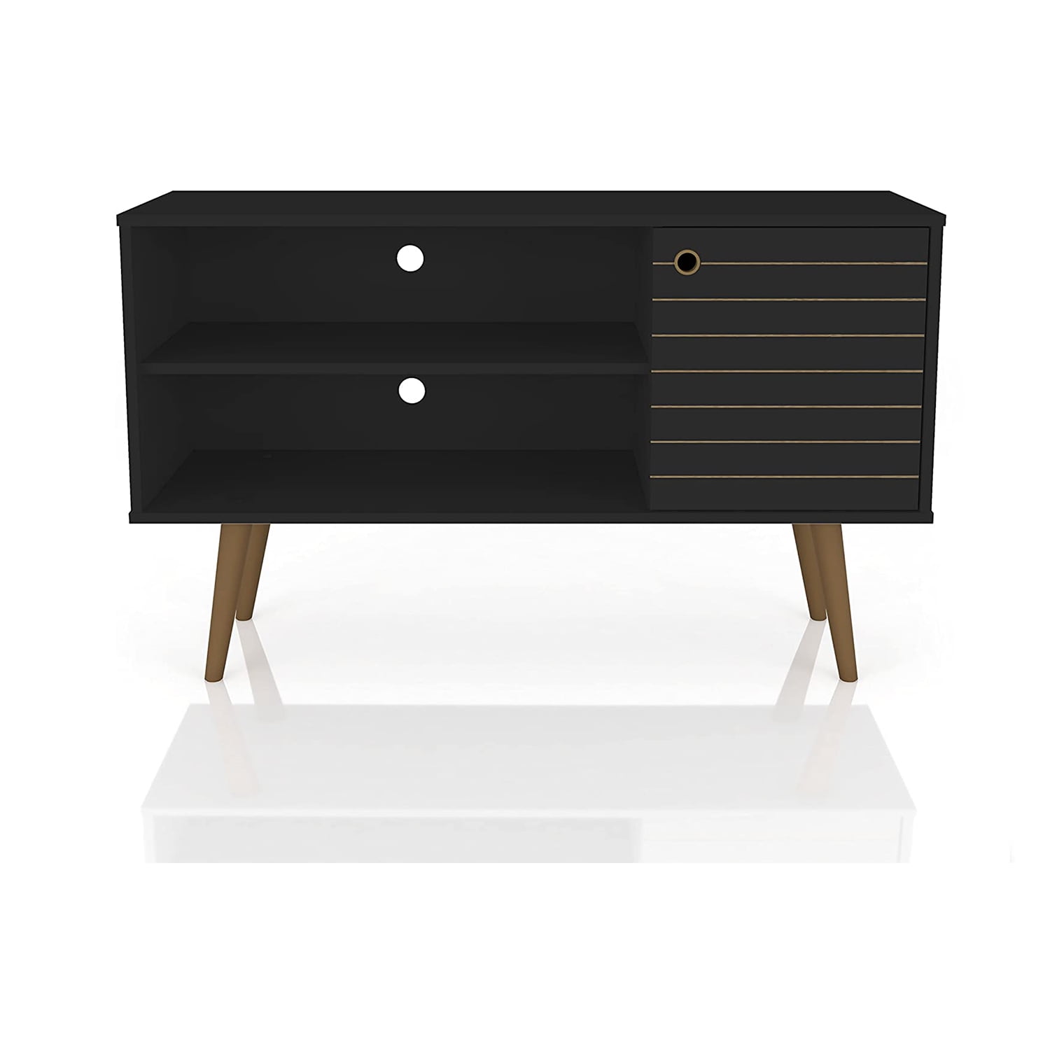 Black Mid-Century Modern TV Stand with Cabinet and Shelves