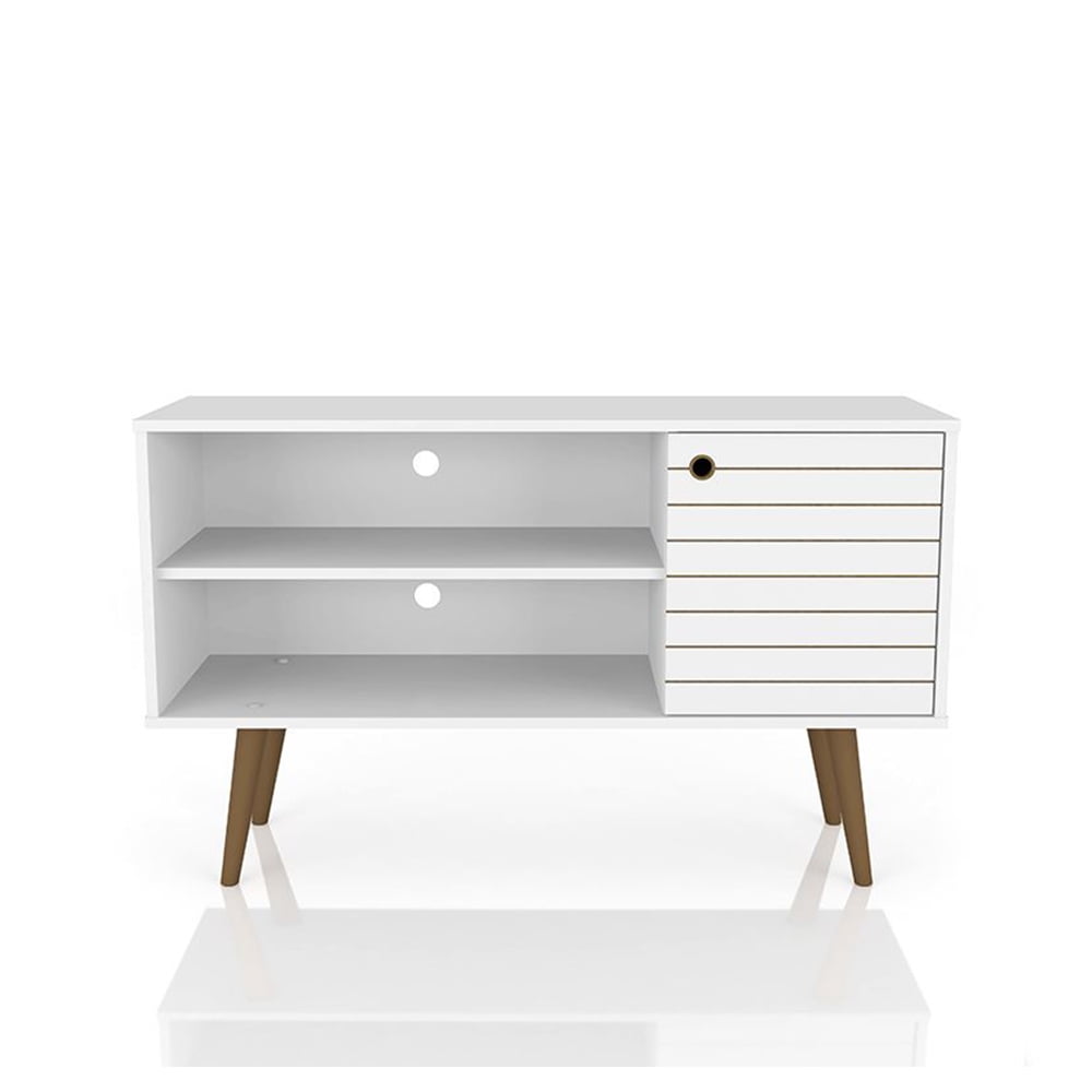 Sleek White Mid-Century Modern TV Stand with Cabinet and Shelves
