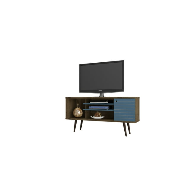 Liberty 53.14" Mid Century - Modern TV Stand with 5 Shelves & 1 Door with Solid Wood Legs, Brown & Blue