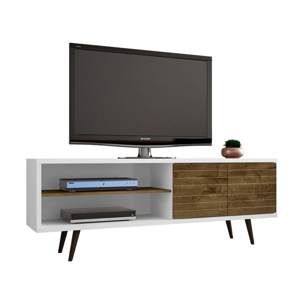 White and Rustic Brown Mid-Century Modern TV Stand with Cabinet