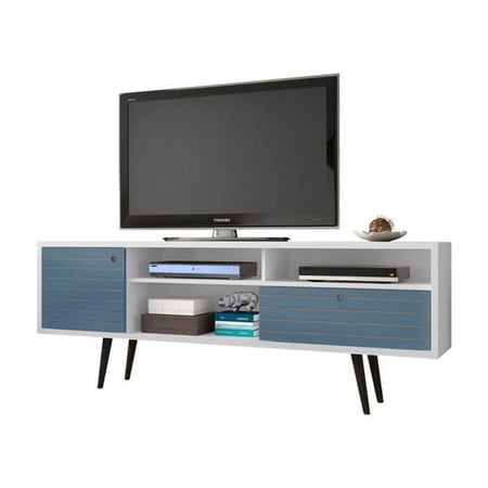 Liberty 70.86 in. Mid Century - Modern TV Stand with Solid Wood Leg 4 Shelving Spaces & 1 Drawer in White & Aqua Blue