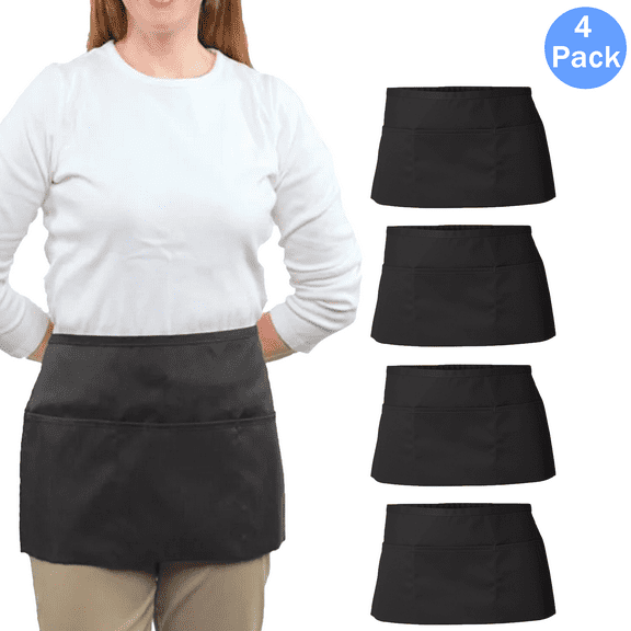Liberty Bags Black Waist Apron with Solid Design, Adjustable 3 Pockets Half Bib Unisex Aprons, 4 Pack, One Size
