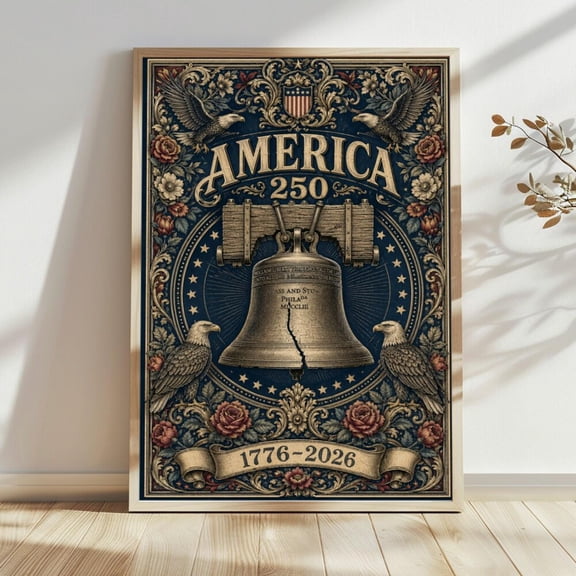 Liberty Bell America 250 Anniversary Poster Patriotic Vintage Wall Art 1776 2026 Commemorative Print Ornate USA Decor Gift