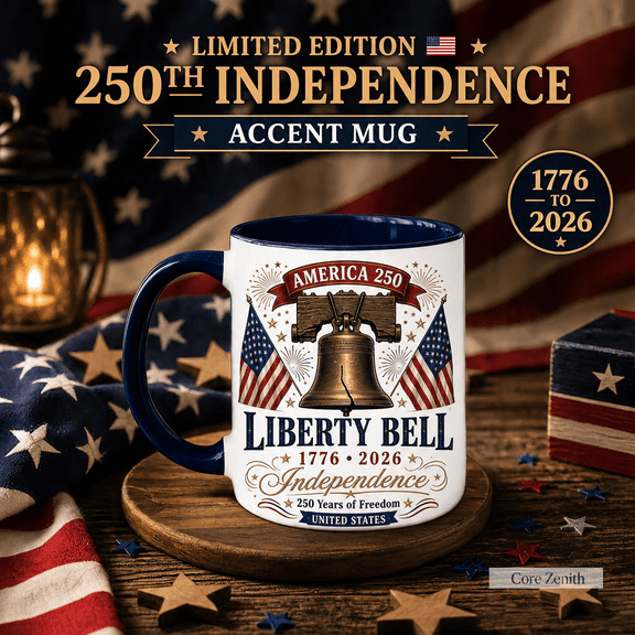 Liberty Bell Mug 250th Independence Design Patriotic White Coffee Cup Gift