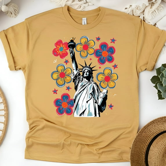 Liberty Flower Power T-Shirt for Women, Retro USA Statue of Liberty Graphic Tee, Gold, Size 4XL