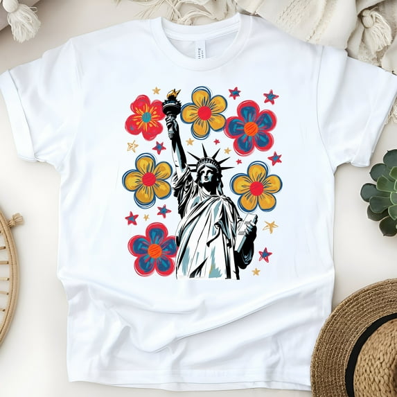 Liberty Flower Power T-Shirt for Women, Retro USA Statue of Liberty Graphic Tee, White, Size S